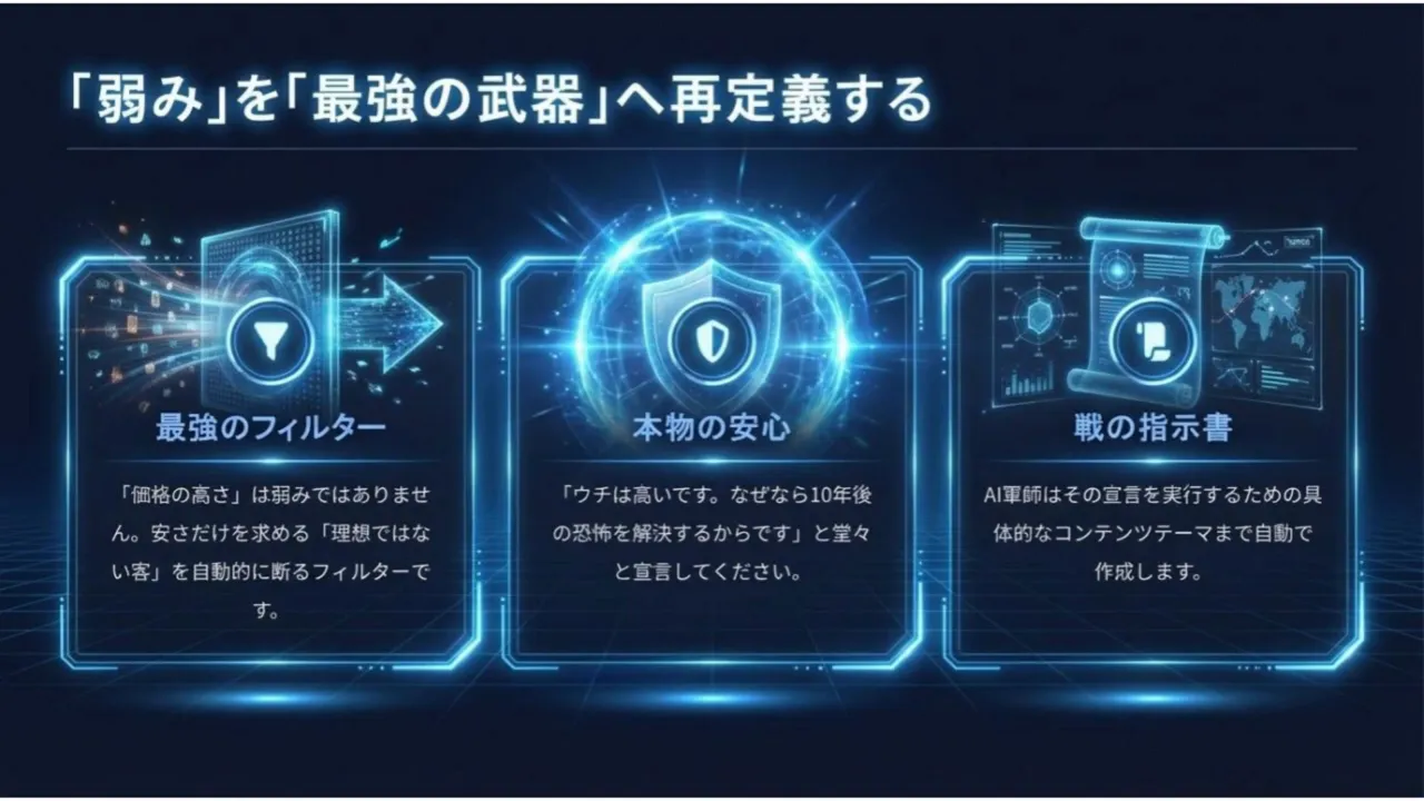 スライド：弱みを最強の武器へ再定義する — 最強のフィルター・本物の安心・戦の指示書