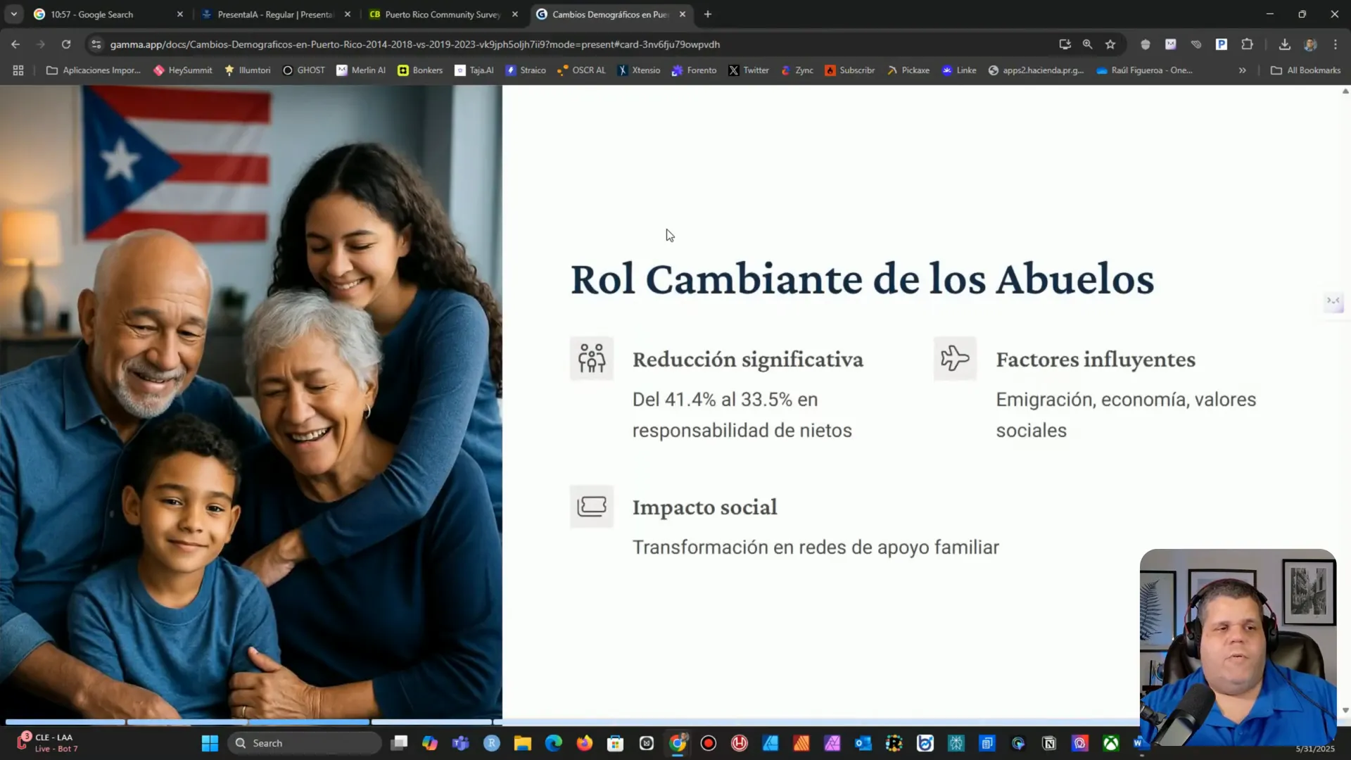 Detalle de diapositiva con datos demográficos y notas del presentador