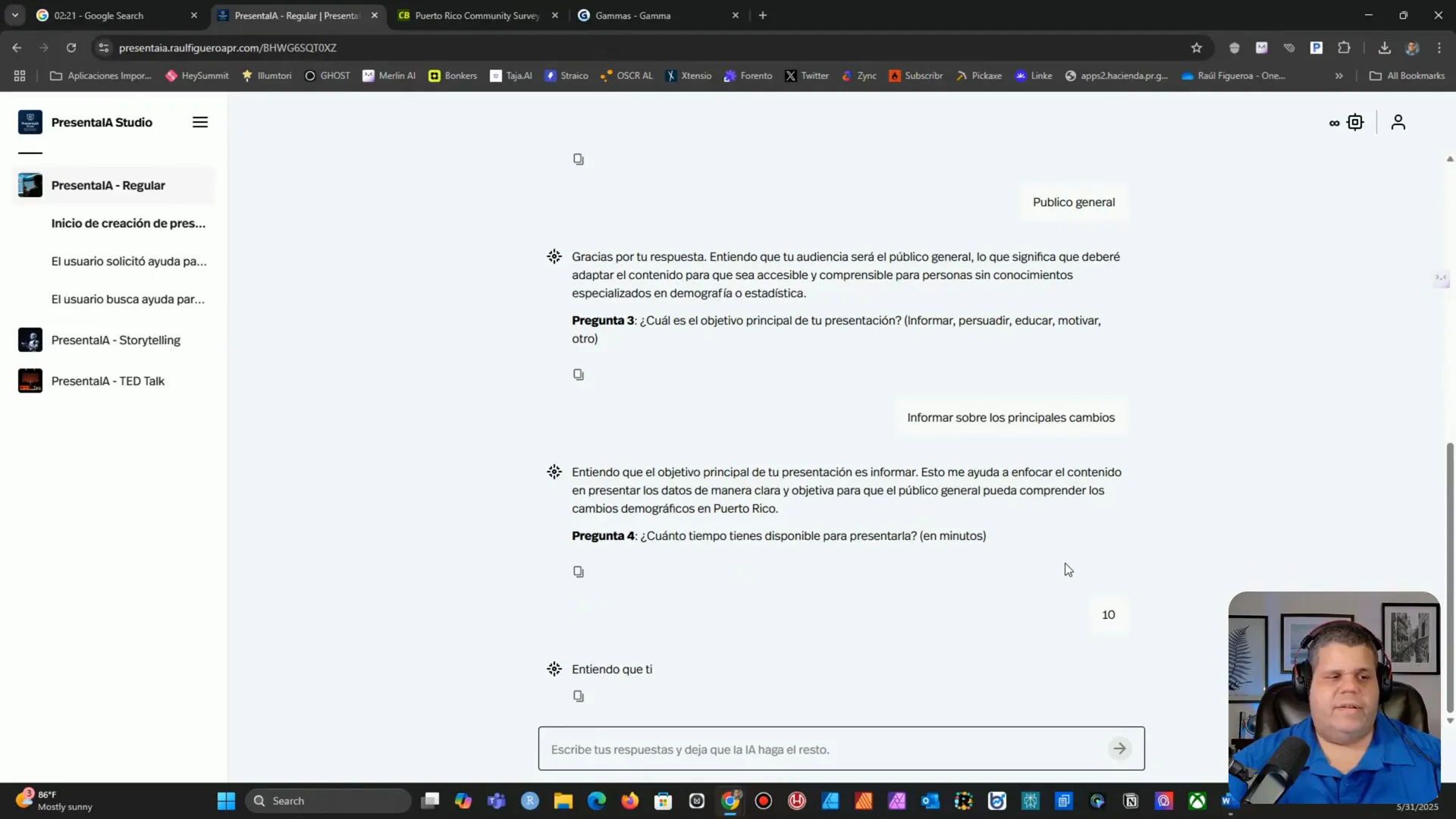 Interfaz de Presenta IA respondiendo preguntas para definir contenido