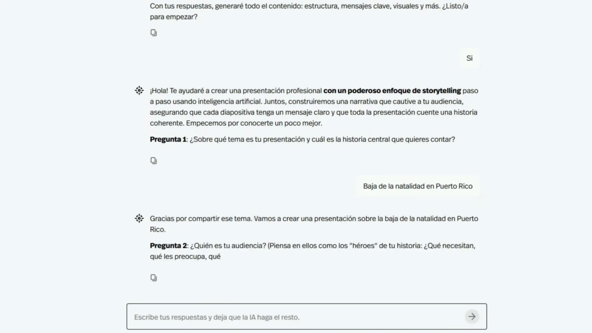 Pantalla de preguntas para definir el tema y audiencia en PresentaIA Studio