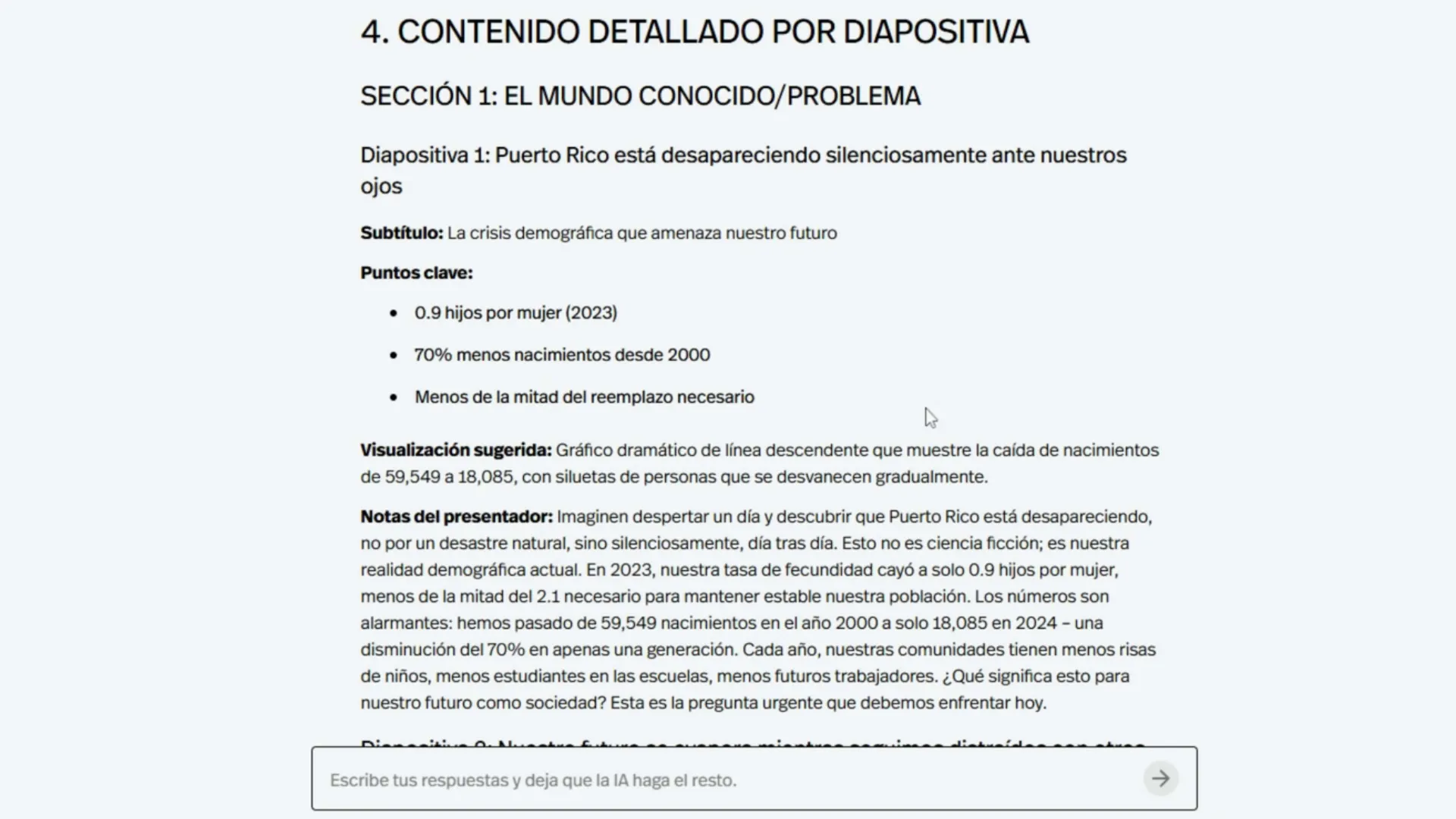 Ejemplo de diapositiva generada con título, puntos clave y visualización sugerida