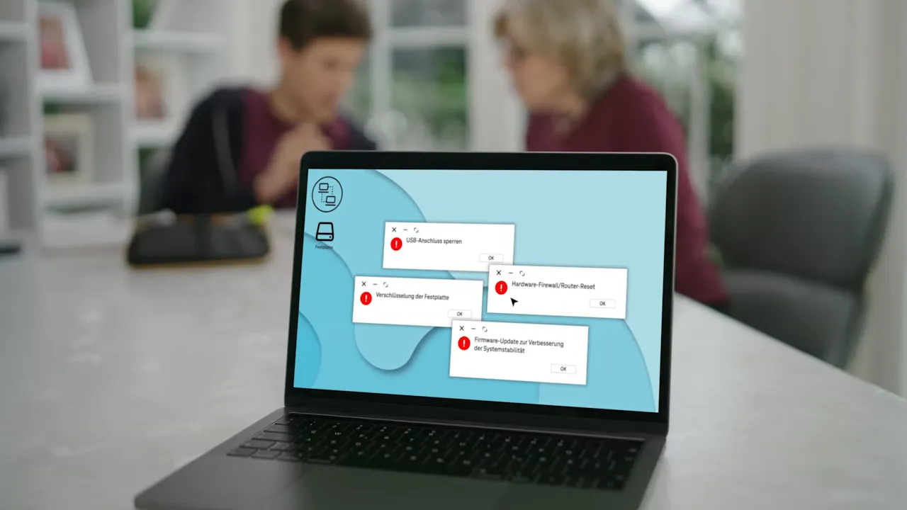 Laptop mit mehreren Sicherheits- und Filterhinweisen im DigitalHomeService