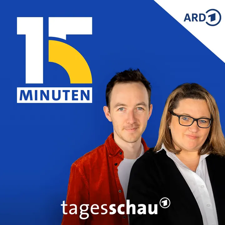 Vorschaubild der Sendung 15 Minuten: zwei Moderatorinnen vor blauem Hintergrund mit Tagesschau‑Logo