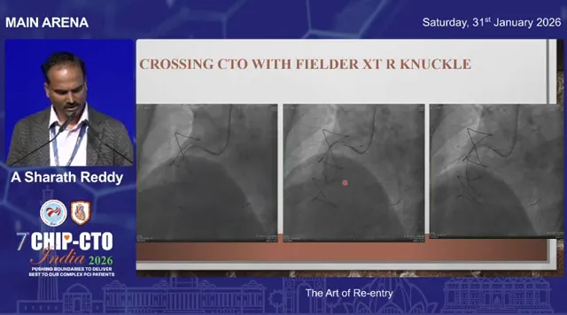 Presentation slide titled 'Crossing CTO with Fielder XT R knuckle' with three angiographic panels and a marked target in the central image