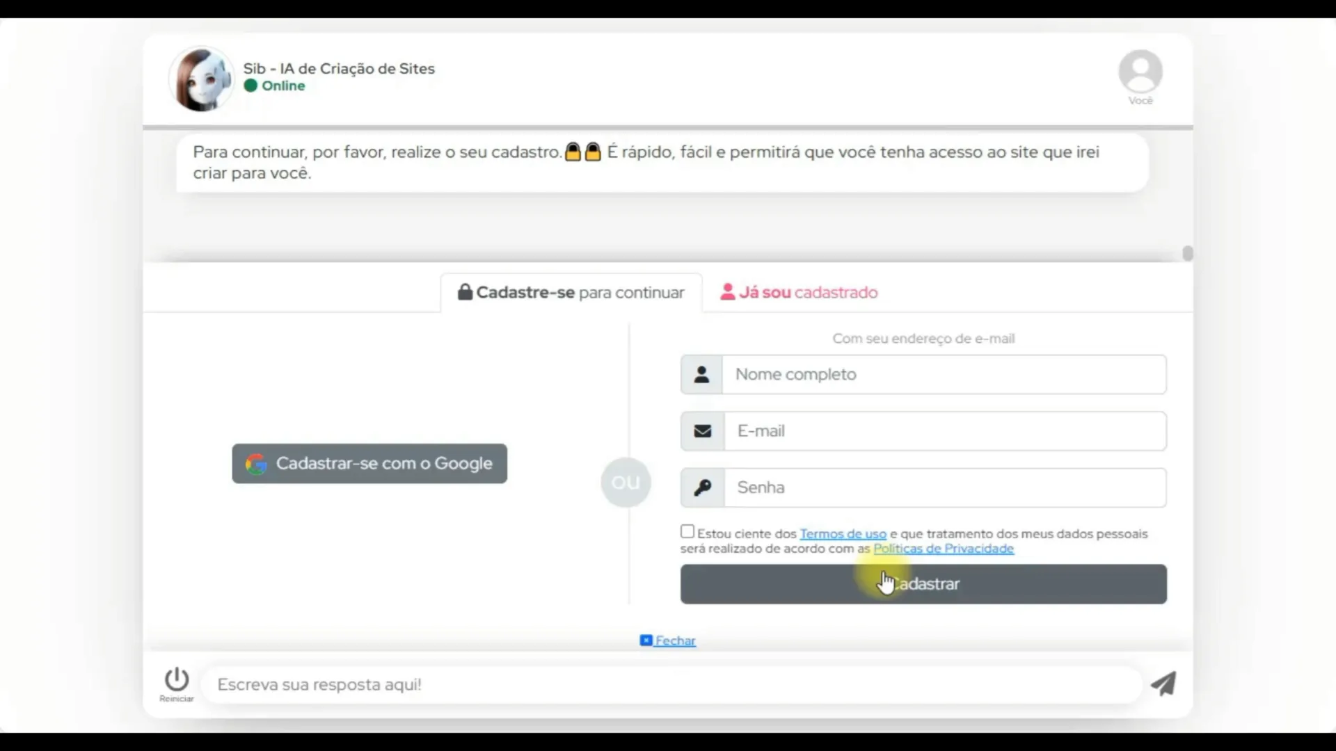 Registro na plataforma Sibnext
