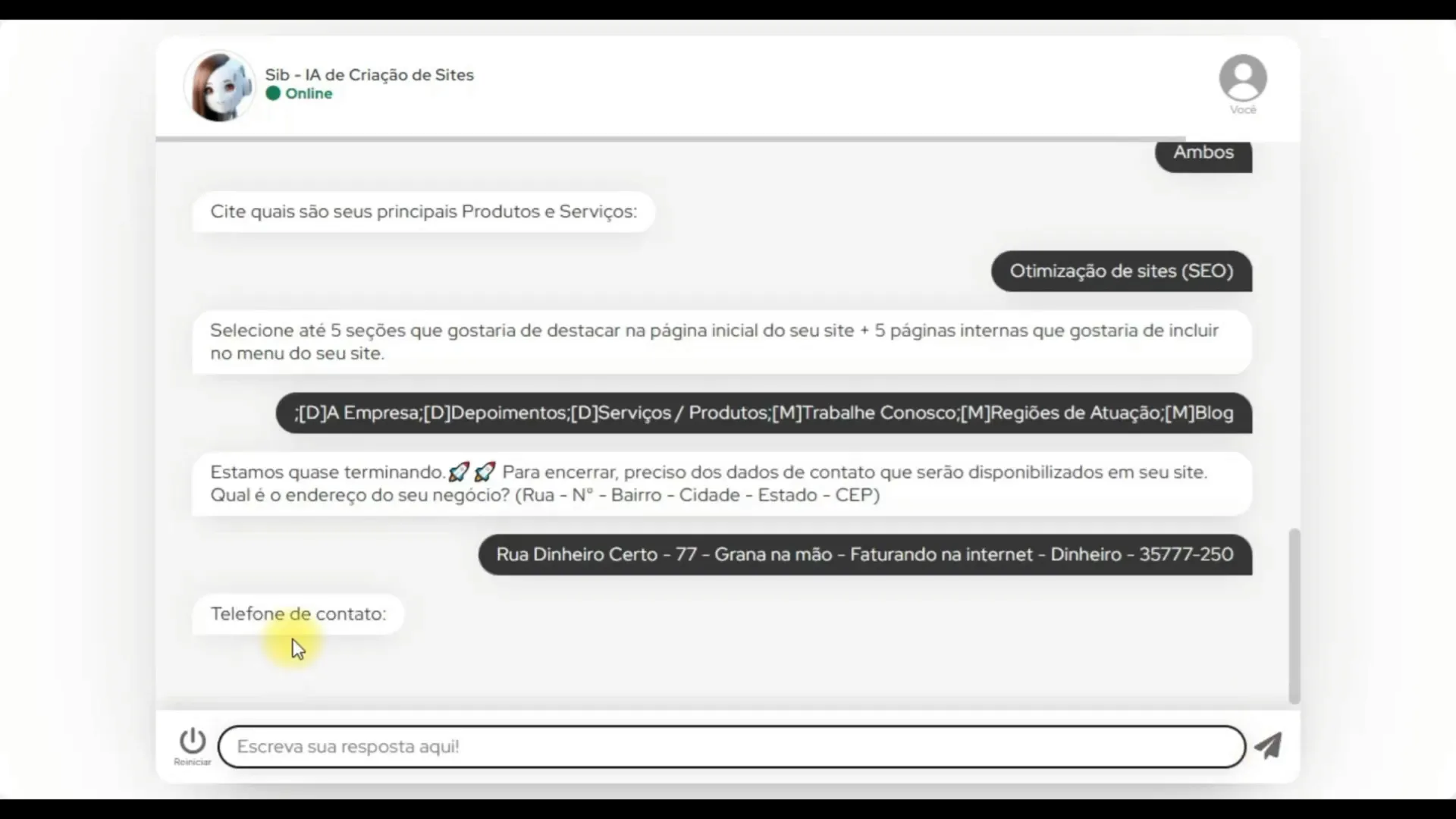 Inserindo informações de contato