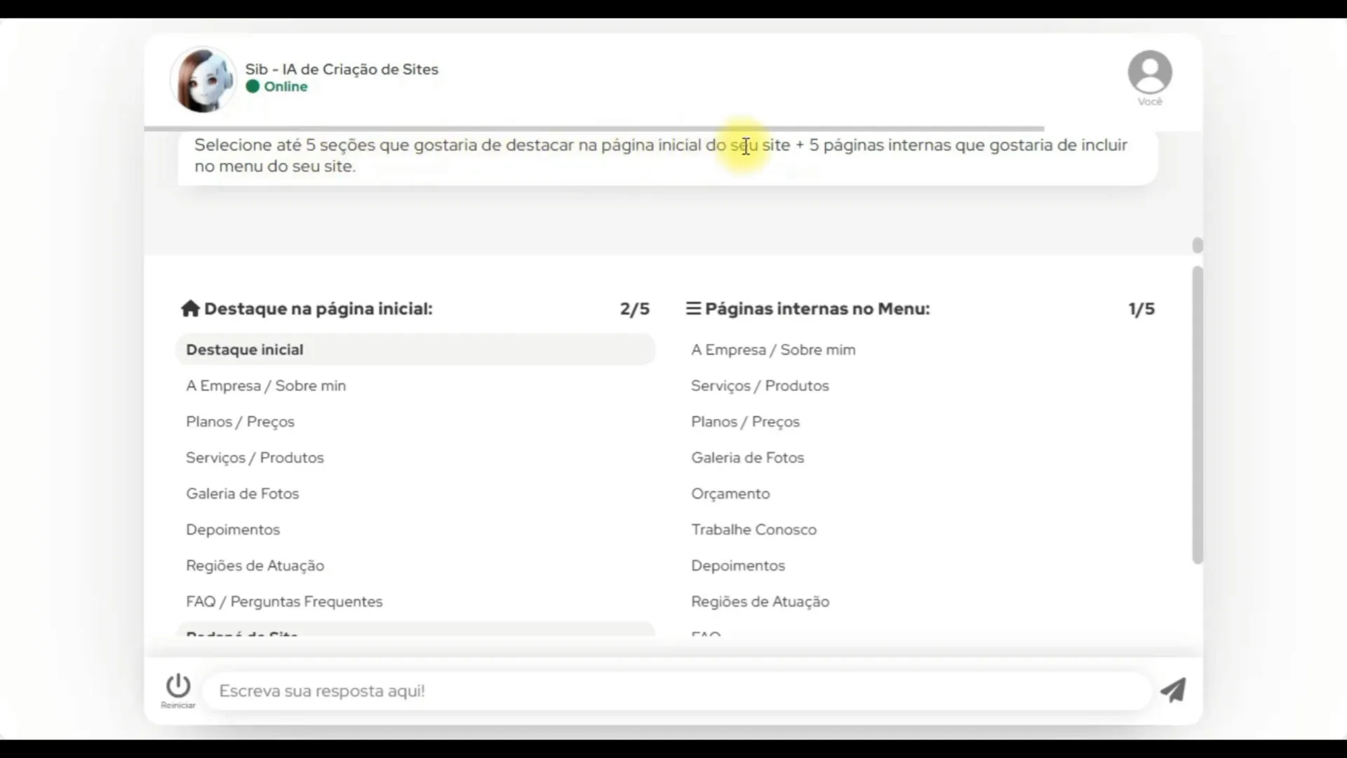 Selecionando seções para o blog