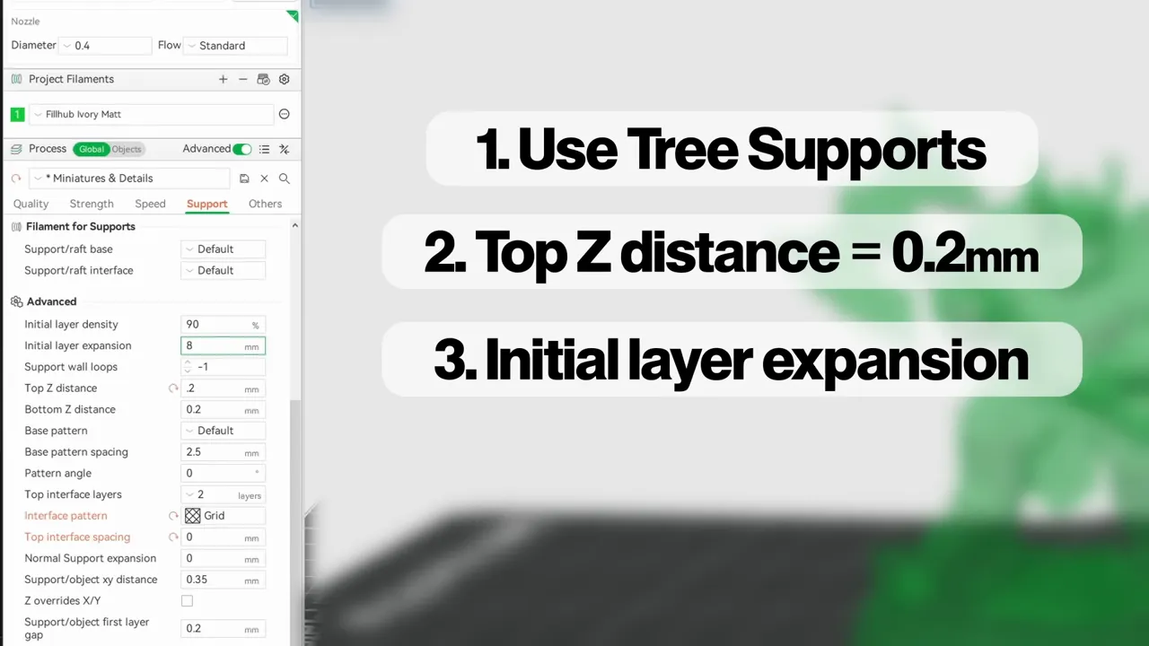 Deux modèles verts avec supports arbre comparant une taille de brim de 3 à gauche et de 8 à droite