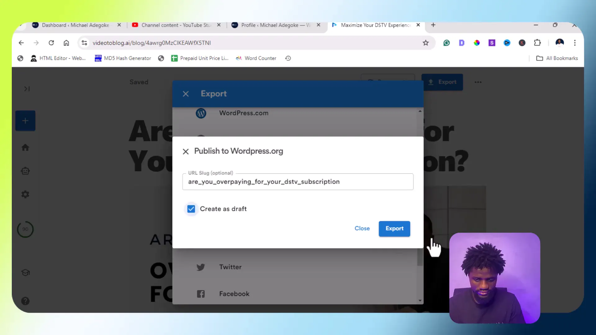 Exporting blog post to WordPress