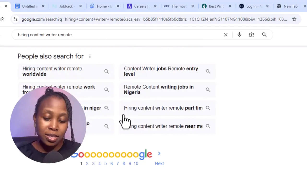 Searching for remote content writer job on Google