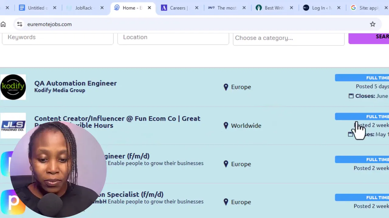 Europe Remote job listings page with current remote jobs