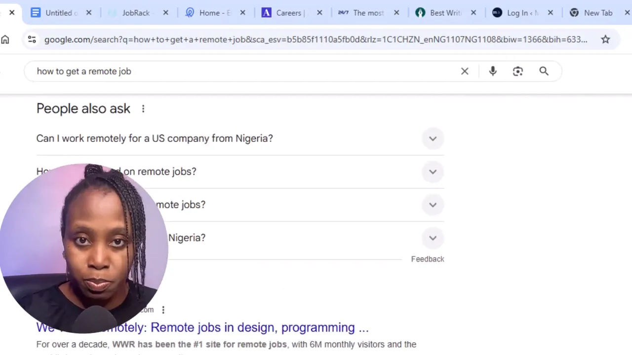 Google search results for companies related to remote jobs