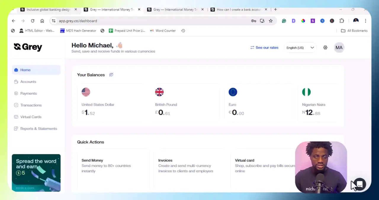 User dashboard showcasing multiple currency accounts
