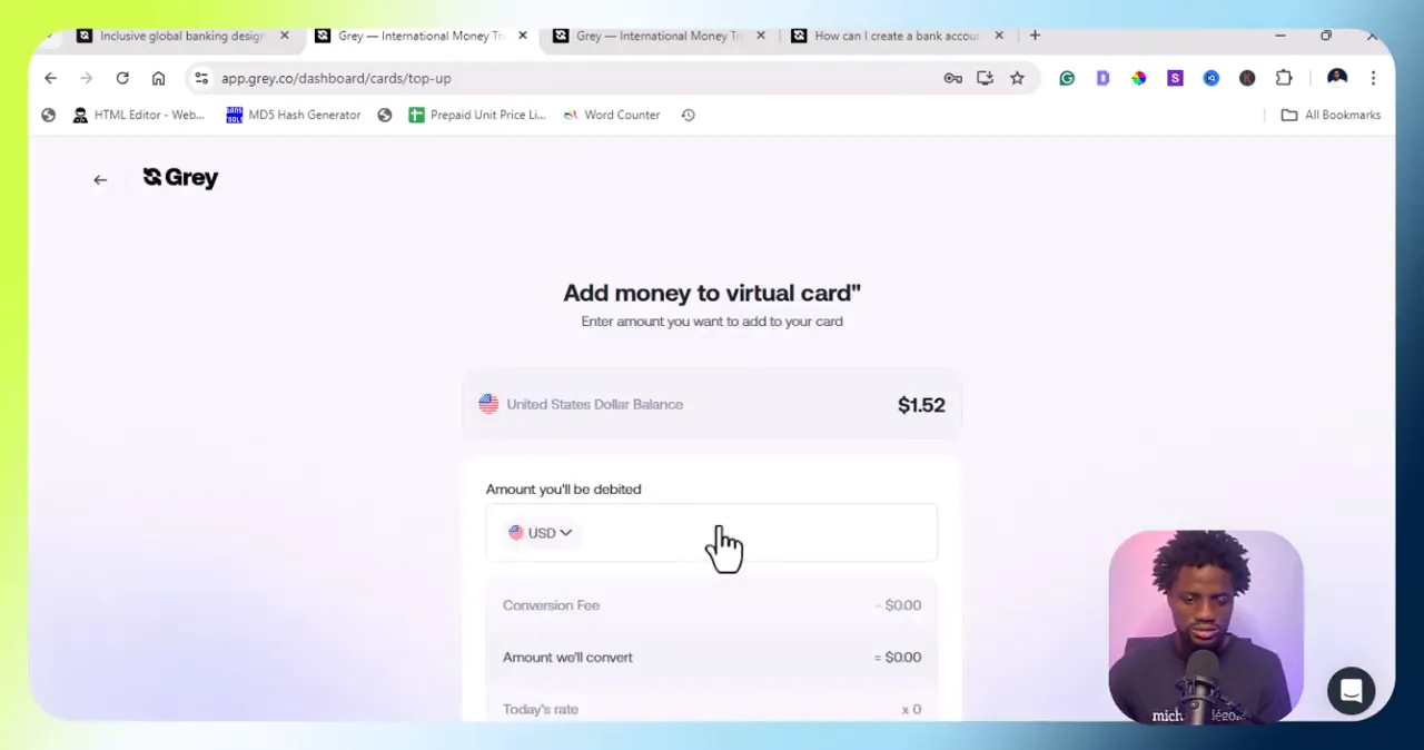 Virtual card section for adding funds