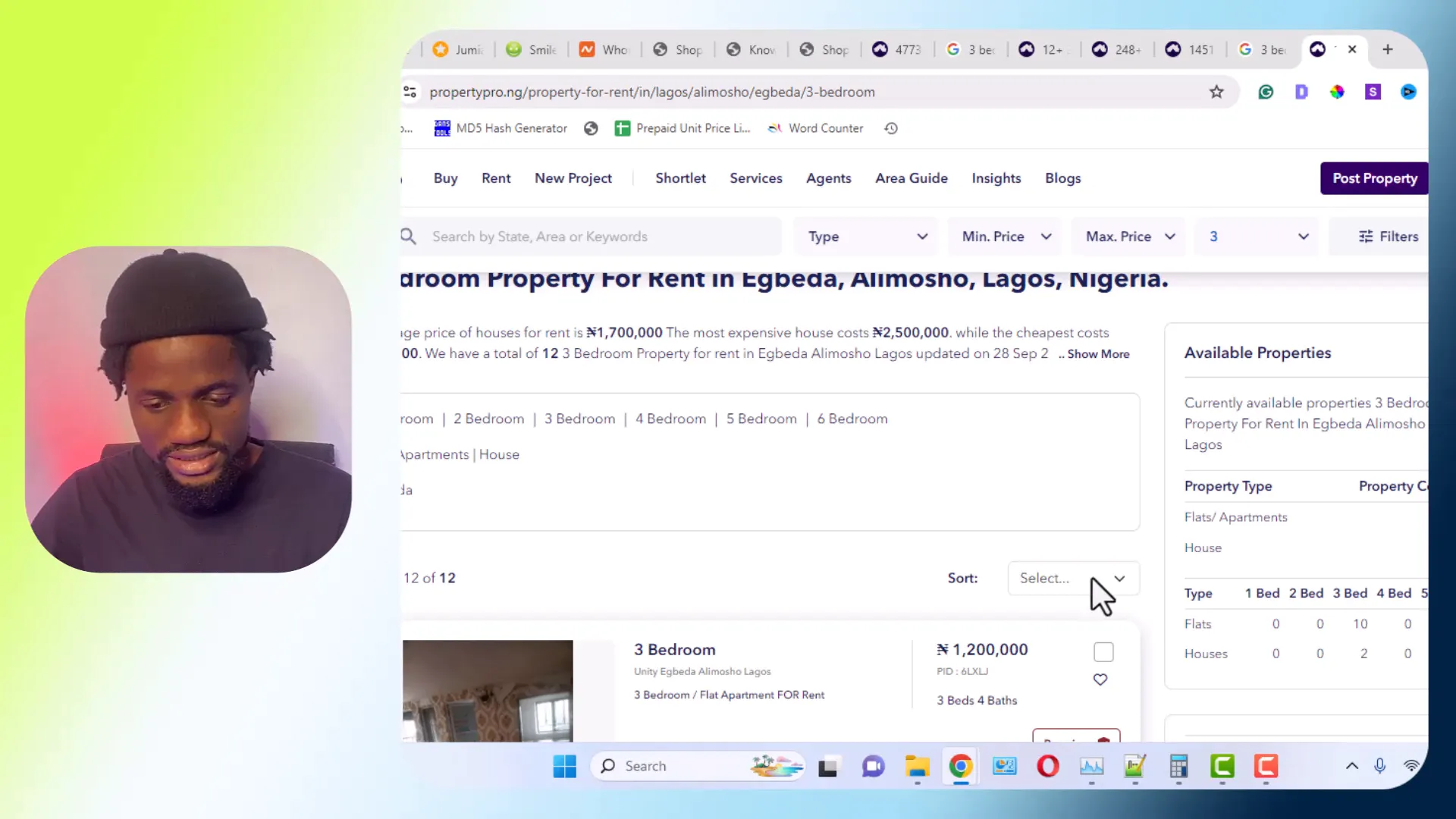 Sorting properties by price on PropertyPro.ng