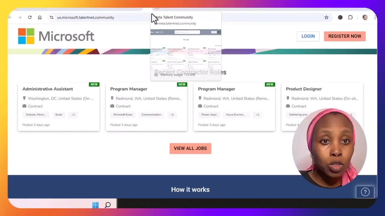 Microsoft contract job portal showing various job listings