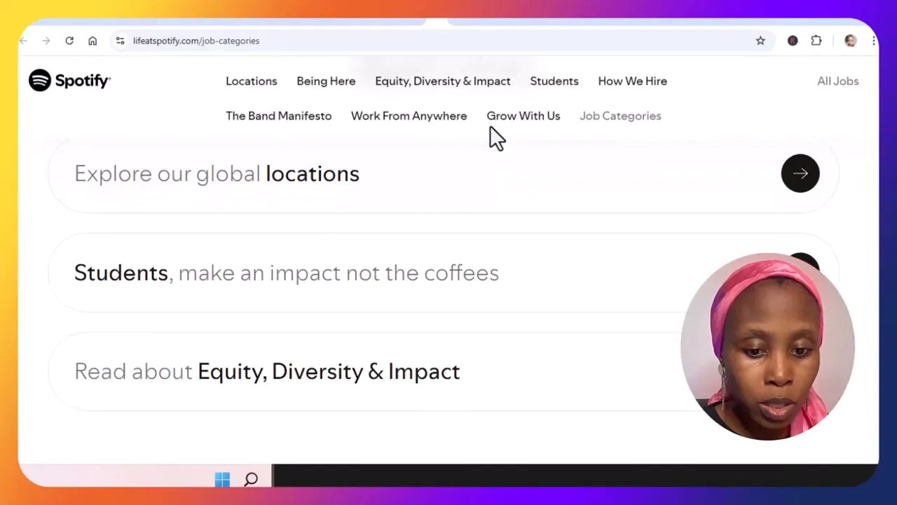Spotify career page showing student and global job opportunities