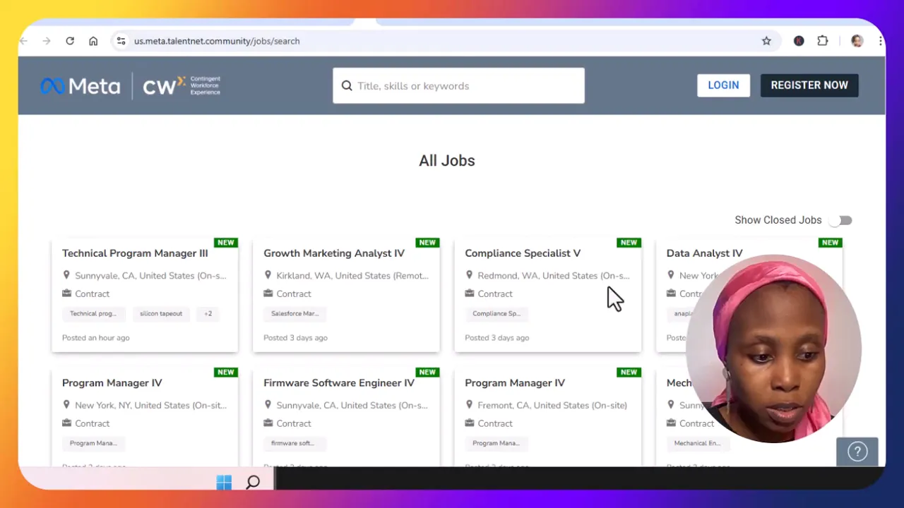Meta contract roles page showing multiple remote job listings