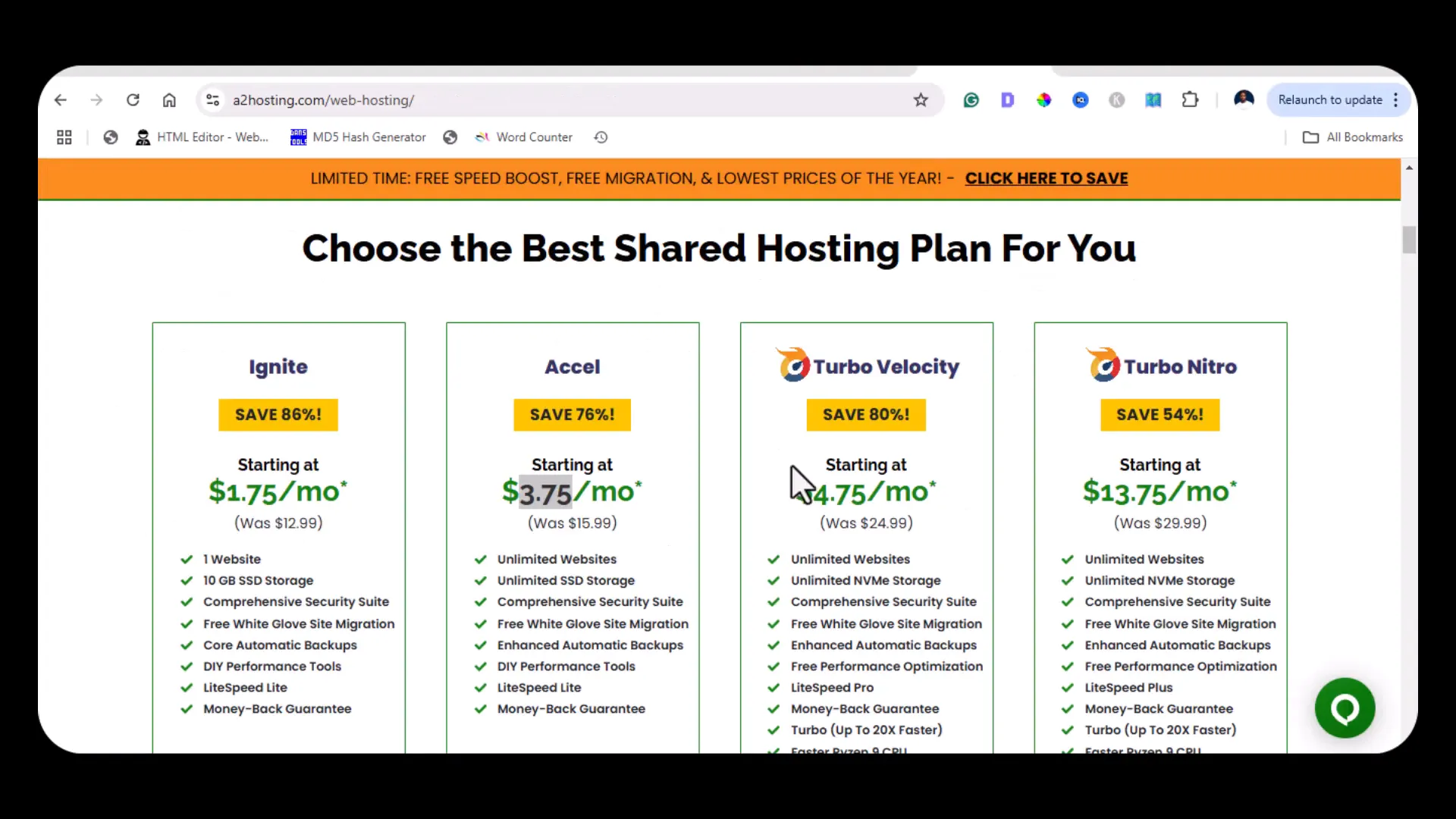 Speed comparison test results between A2 Hosting and SiteGround