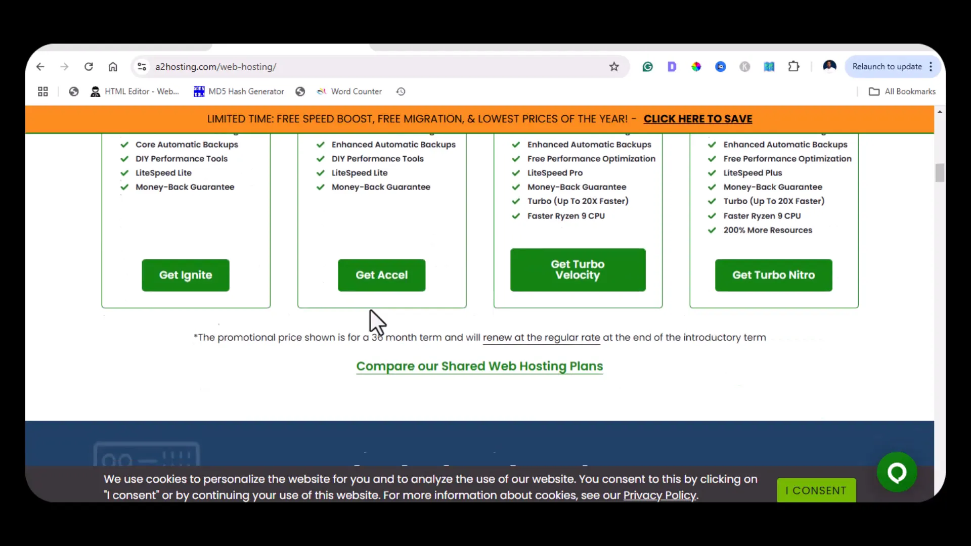 A2 Hosting homepage showing packages