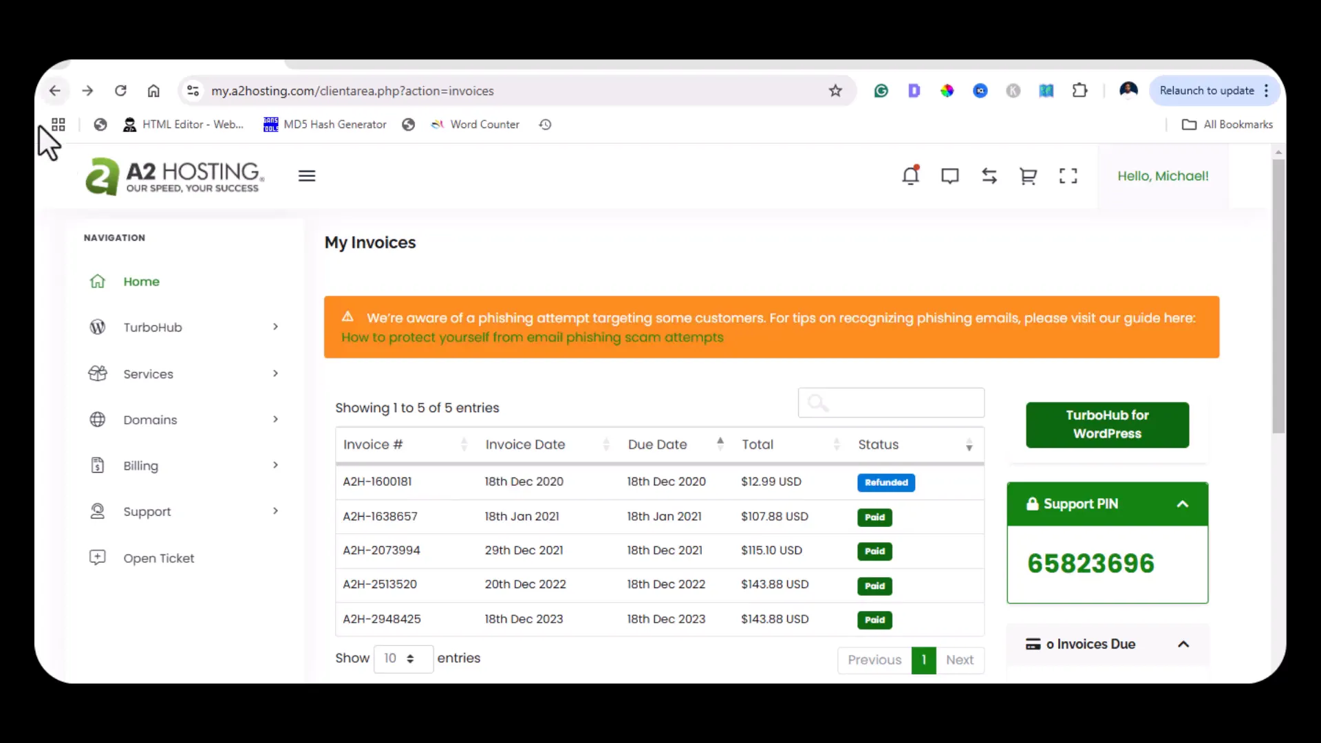 First invoice with A2 Hosting