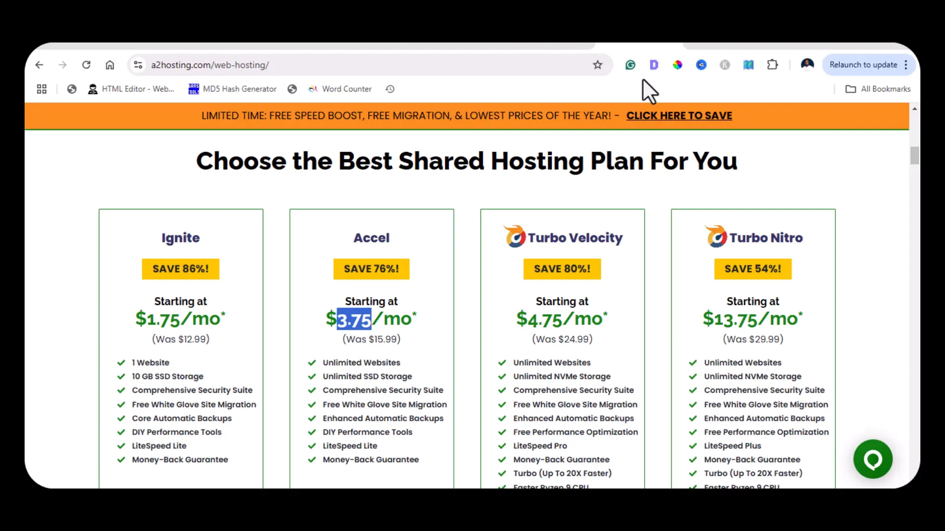 Different hosting options available from A2 Hosting