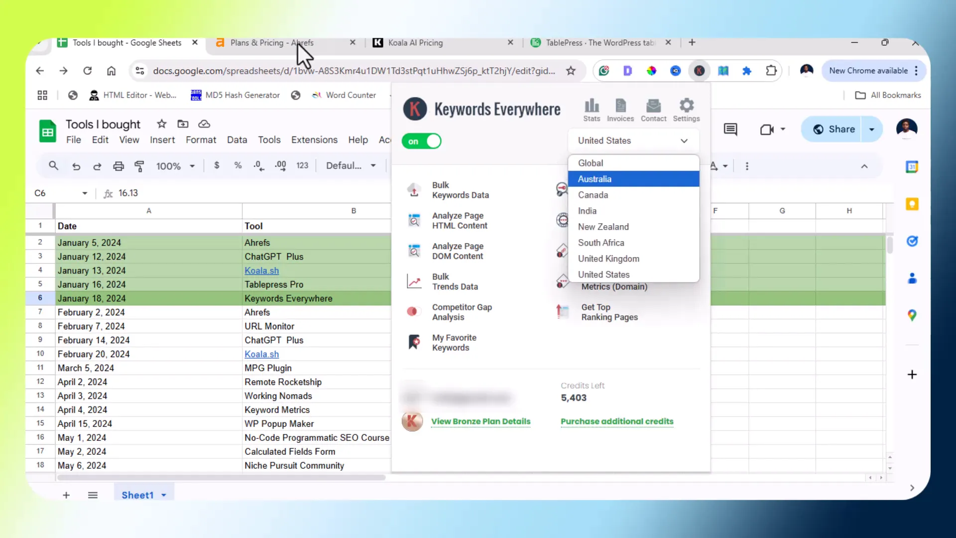 Keyword Everywhere tool interface