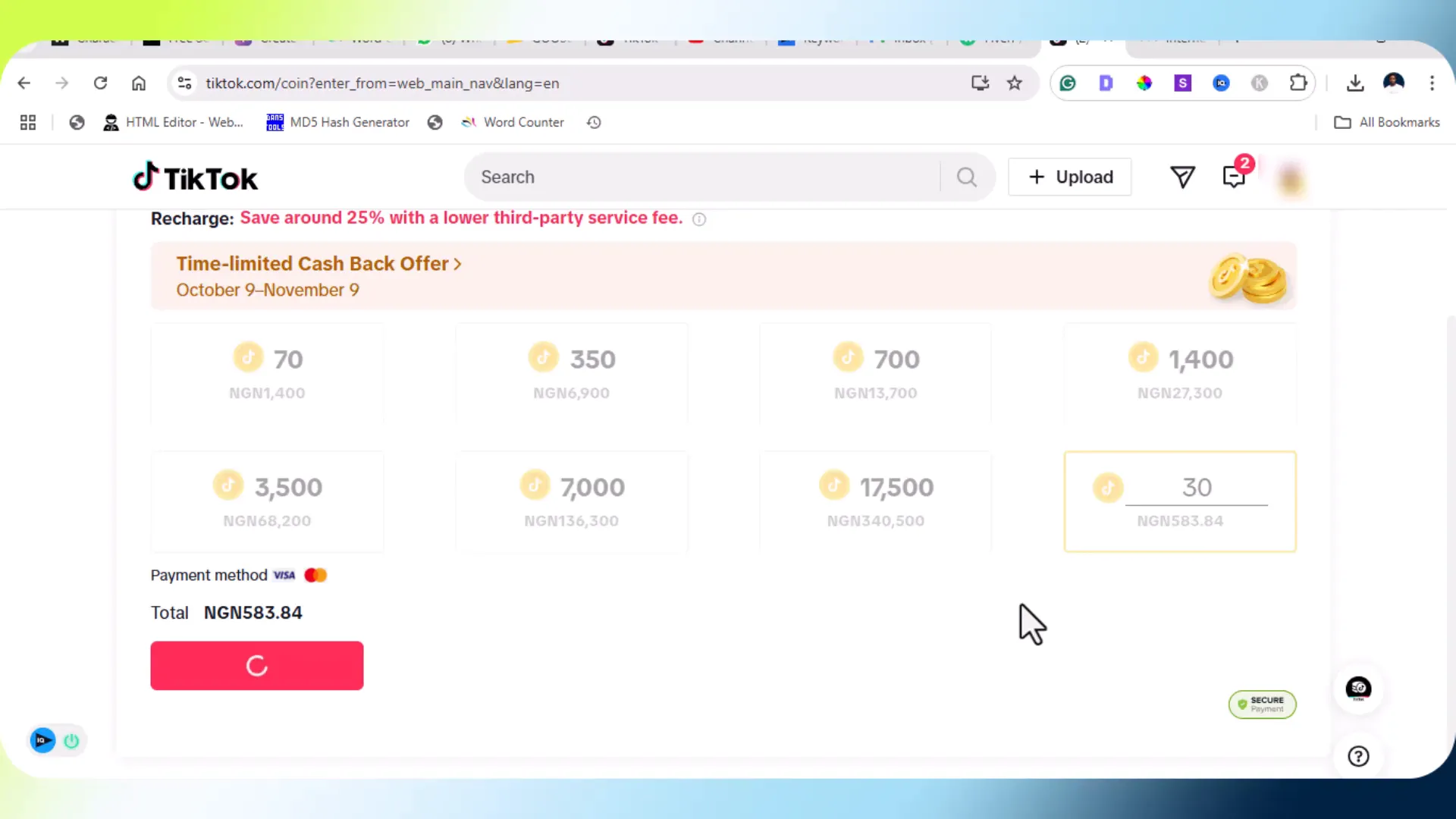 Topping up coins for TikTok ads