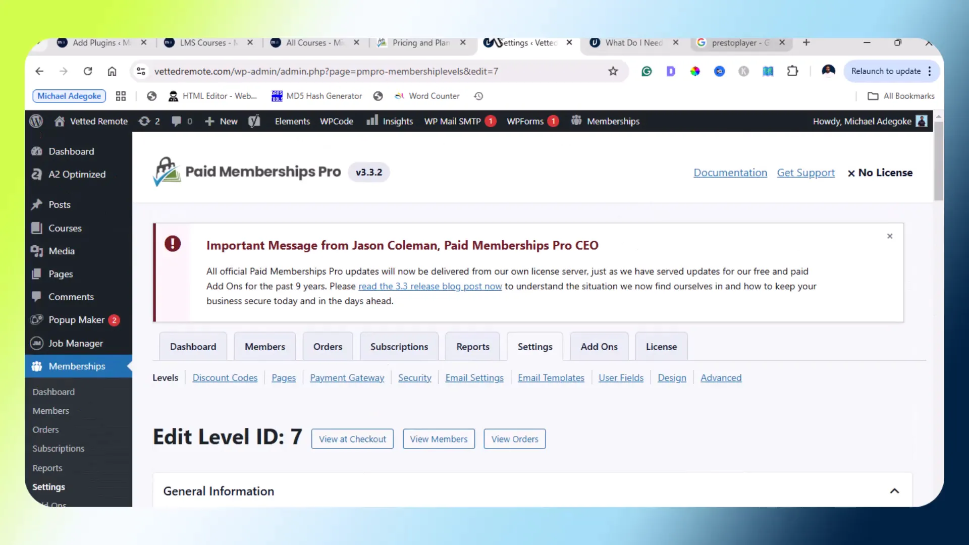Membership levels configuration in Paid Membership Pro
