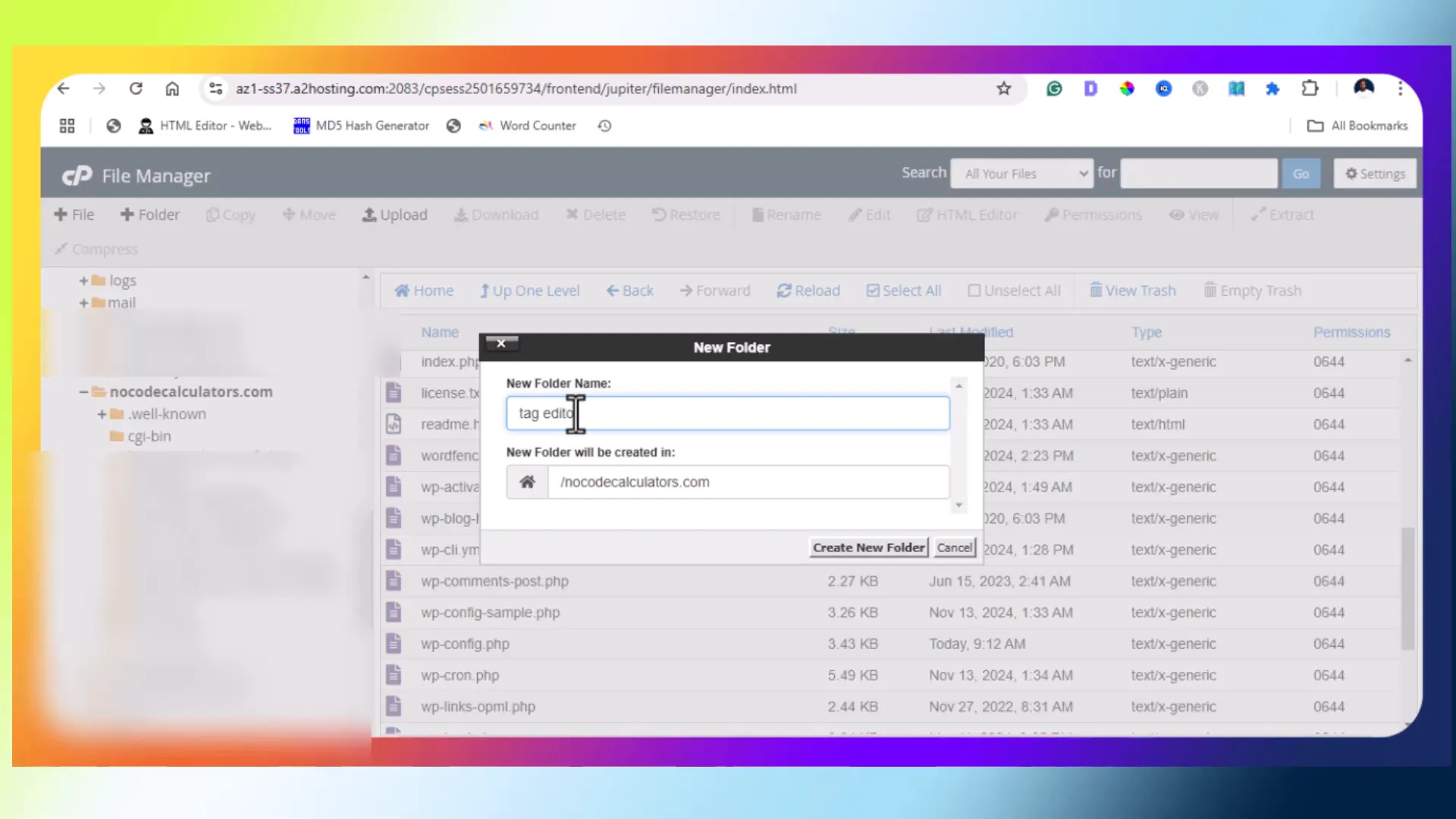 Creating a new folder in file manager
