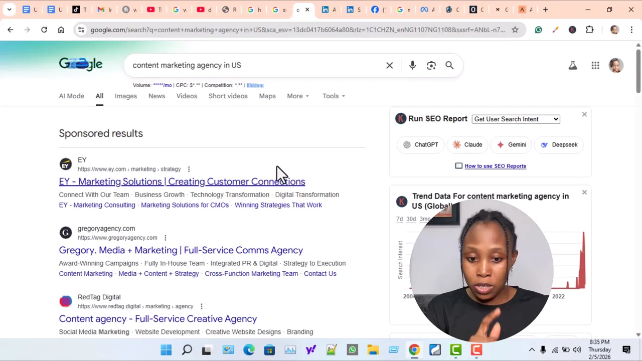 Google search results for 'content marketing agency in US' with sponsored listings visible