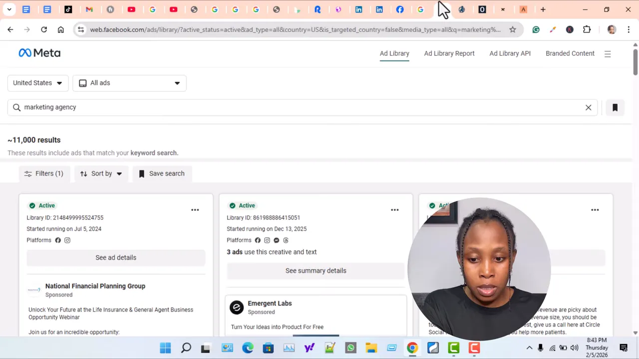 Meta (Facebook) Ad Library search results for 'marketing agency' showing ~11,000 results with a presenter overlay