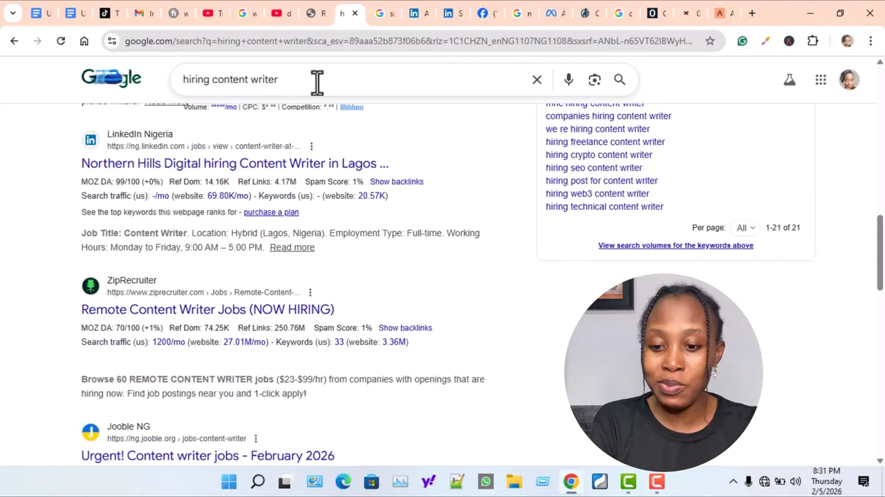Clear Google search results for 'hiring content writer' showing job links and listings