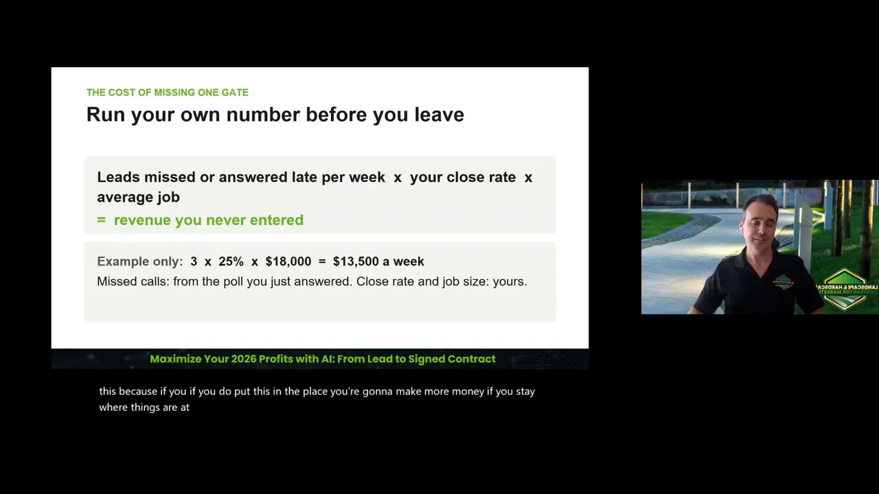 Slide displaying a lost revenue calculation using missed inquiries, close rate, and average job value