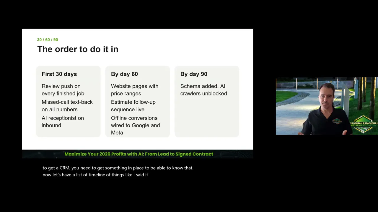 Slide showing three columns for a 30, 60, and 90-day implementation plan