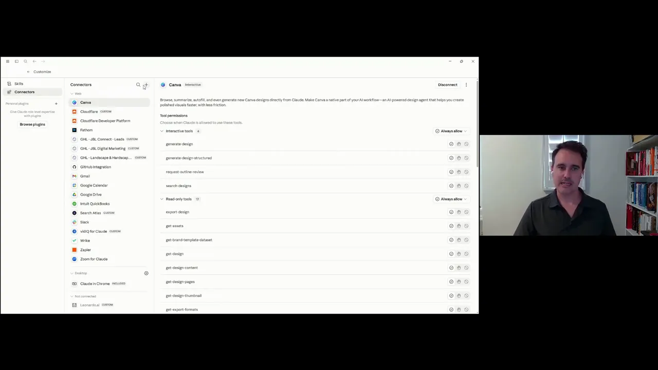 Claude connectors settings window showing available app integrations