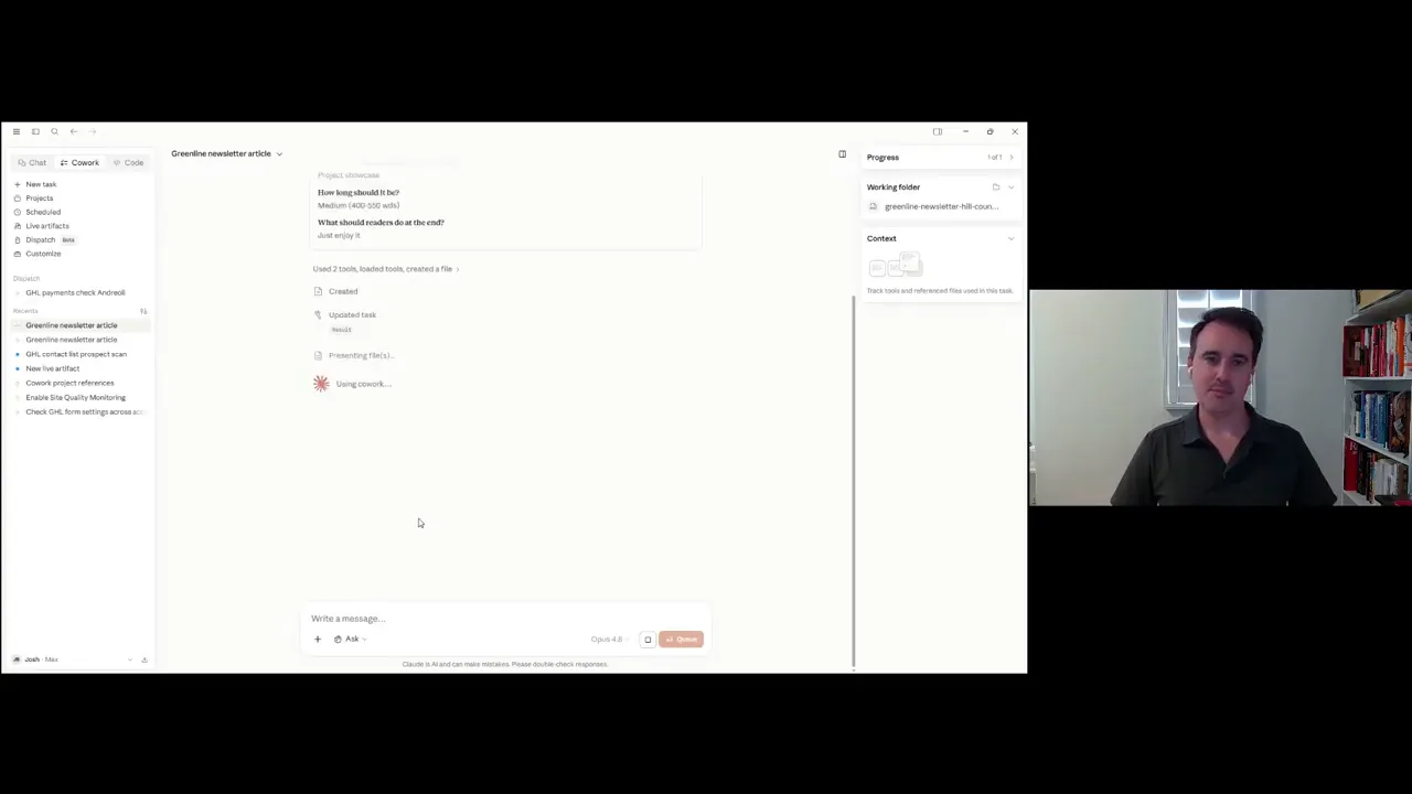 Claude interface showing a project showcase task setup on the left and generated article output on the right