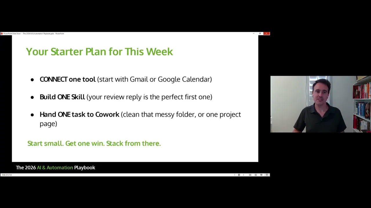 Slide titled Your Starter Plan For This Week with steps to connect build and run one task