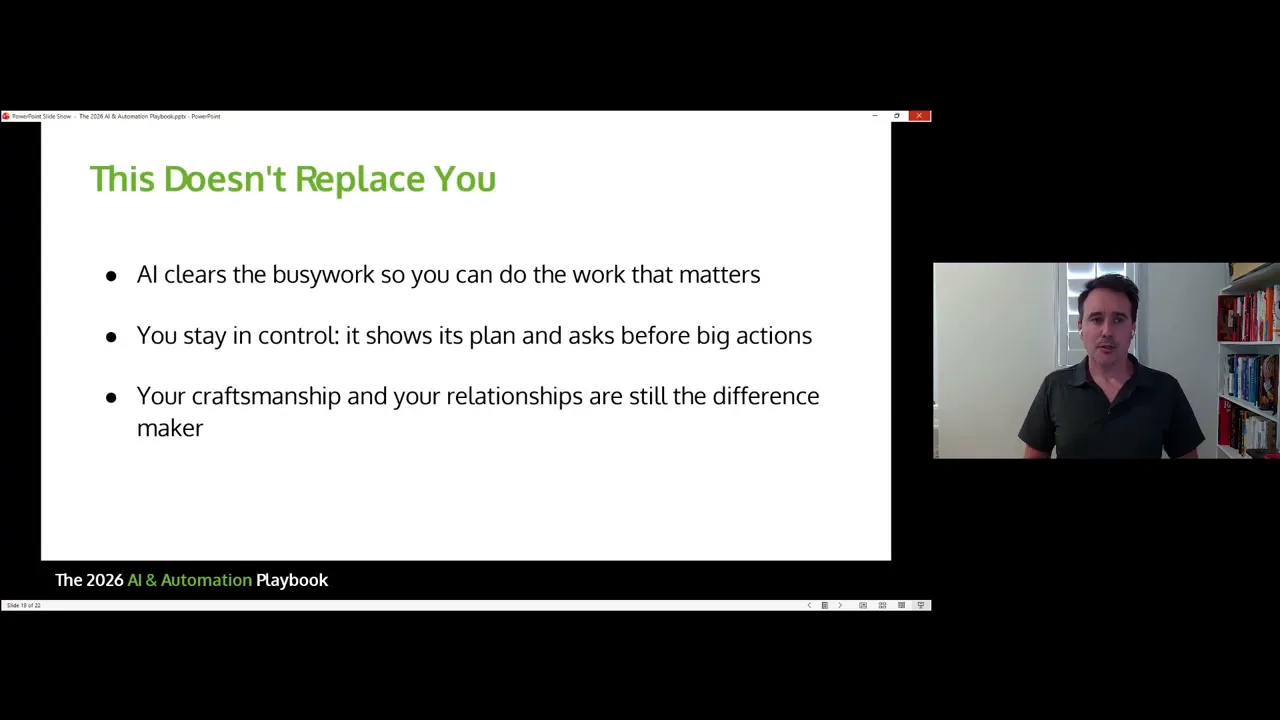 Slide titled This Doesnt Replace You with bullet points about AI clearing busywork