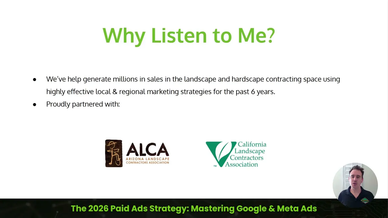 Slide titled &ldquo;Why Listen to Me?&rdquo; showing contractor marketing partner logos and speaker webcam thumbnail