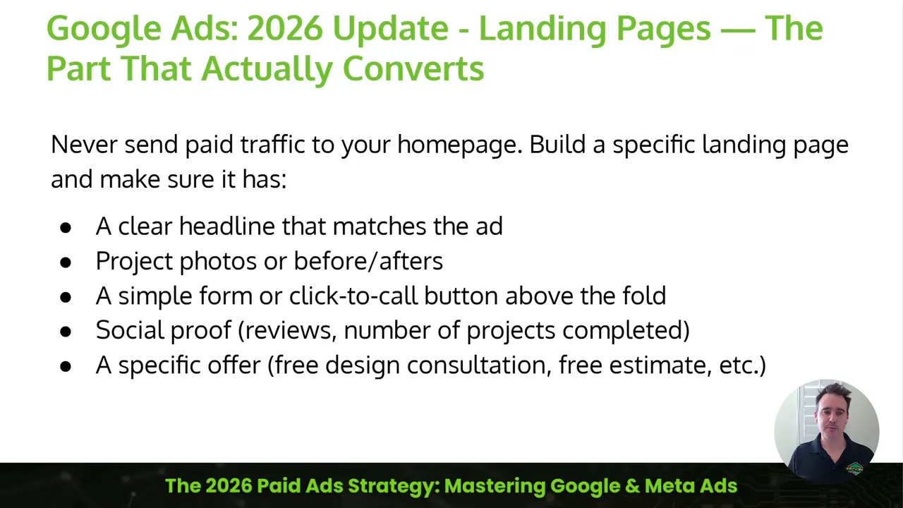 Screenshot slide: Google Ads 2026 update - landing pages that actually convert checklist for contractors