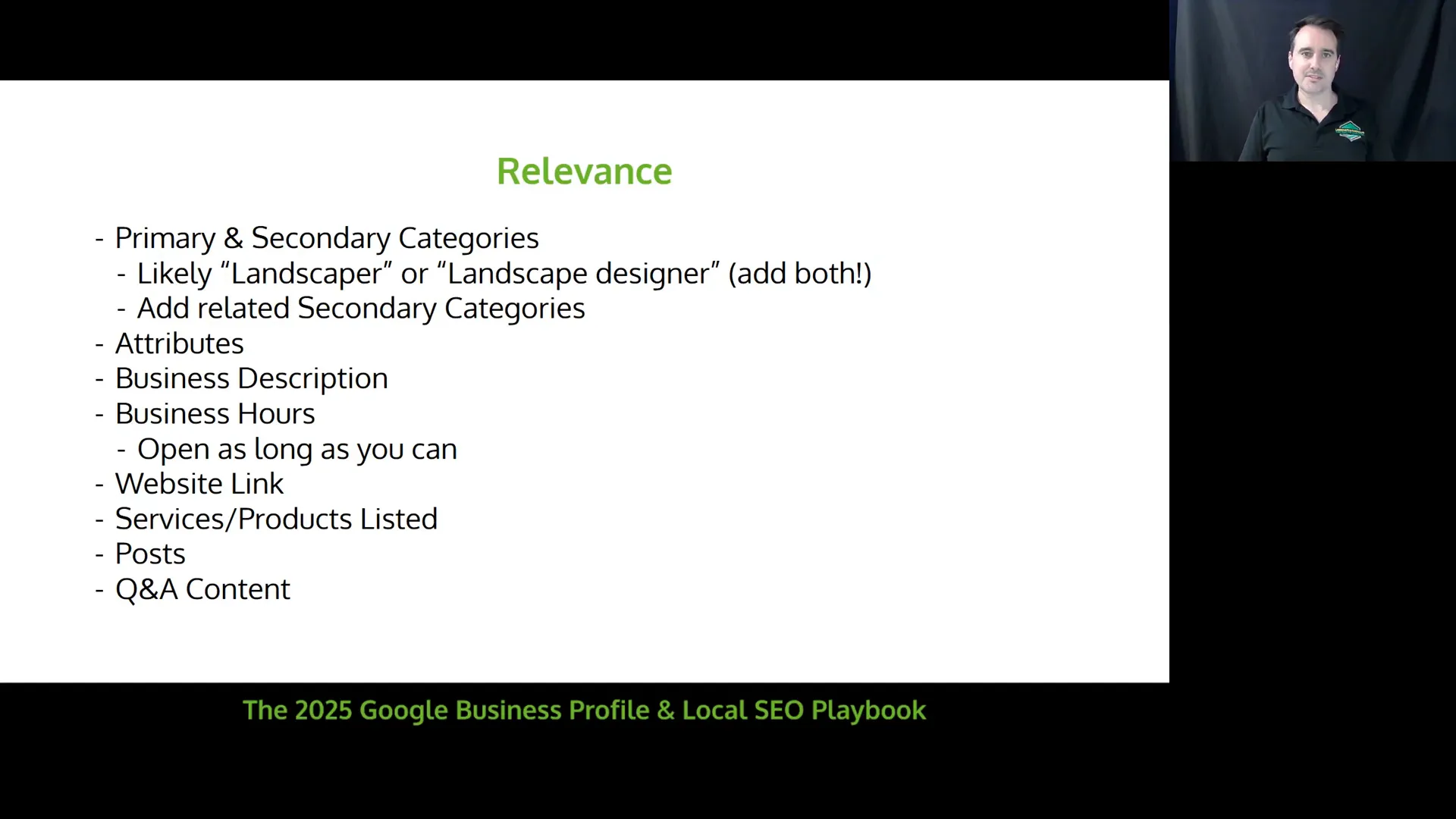 Landscape & Hardscape Contractor Marketing - The 2025 Google Business Profile & Local SEO Playbook for Landscape & Outdoor Living Contractors 15 Google Business Profile categories and attributes interface