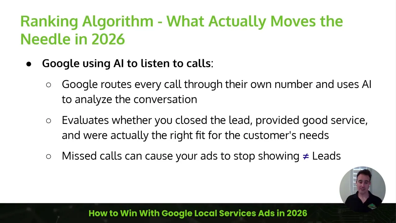 Slide explaining Google AI listens to calls, analyzes conversations, evaluates fit and service quality, and notes missed calls can stop ads from showing