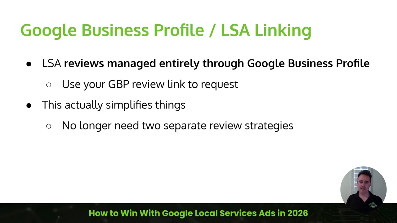 Slide titled Google Business Profile LSA Linking with points about GBP review links, simplified review strategy, and suspended profiles stopping ads
