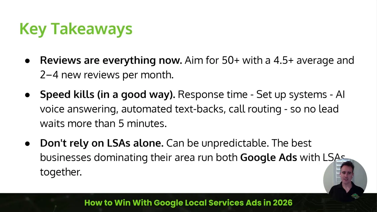 Slide titled Key Takeaways summarizing reviews response speed and not relying on Local Services Ads alone