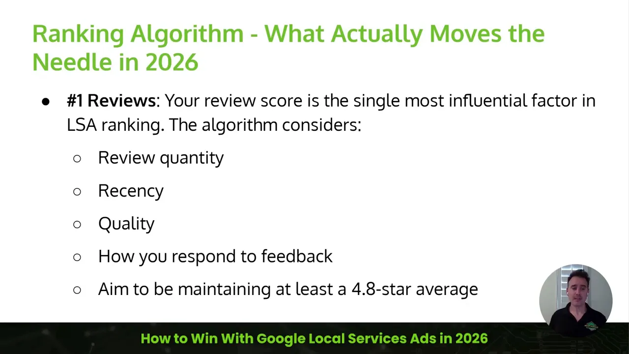 Slide listing review ranking factors including quantity, recency, quality, response to feedback, and maintaining at least a 4.8 star average