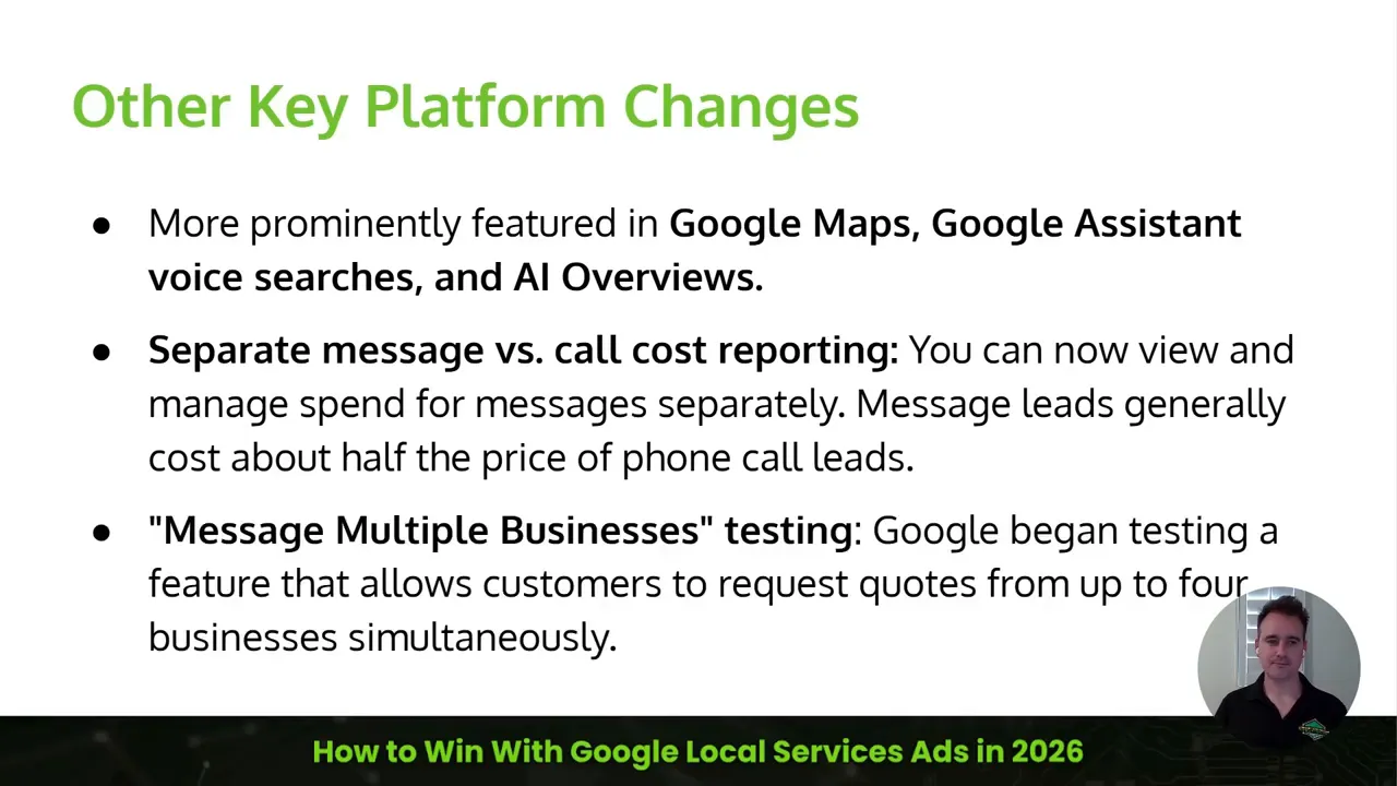 Slide on other platform changes mentioning testing for requesting quotes from up to four businesses simultaneously through messages