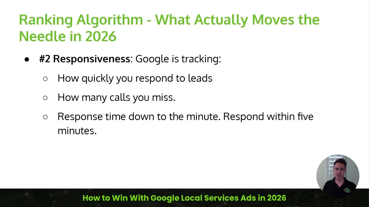 Slide about responsiveness showing Google tracks response speed missed calls and recommends responding within five minutes