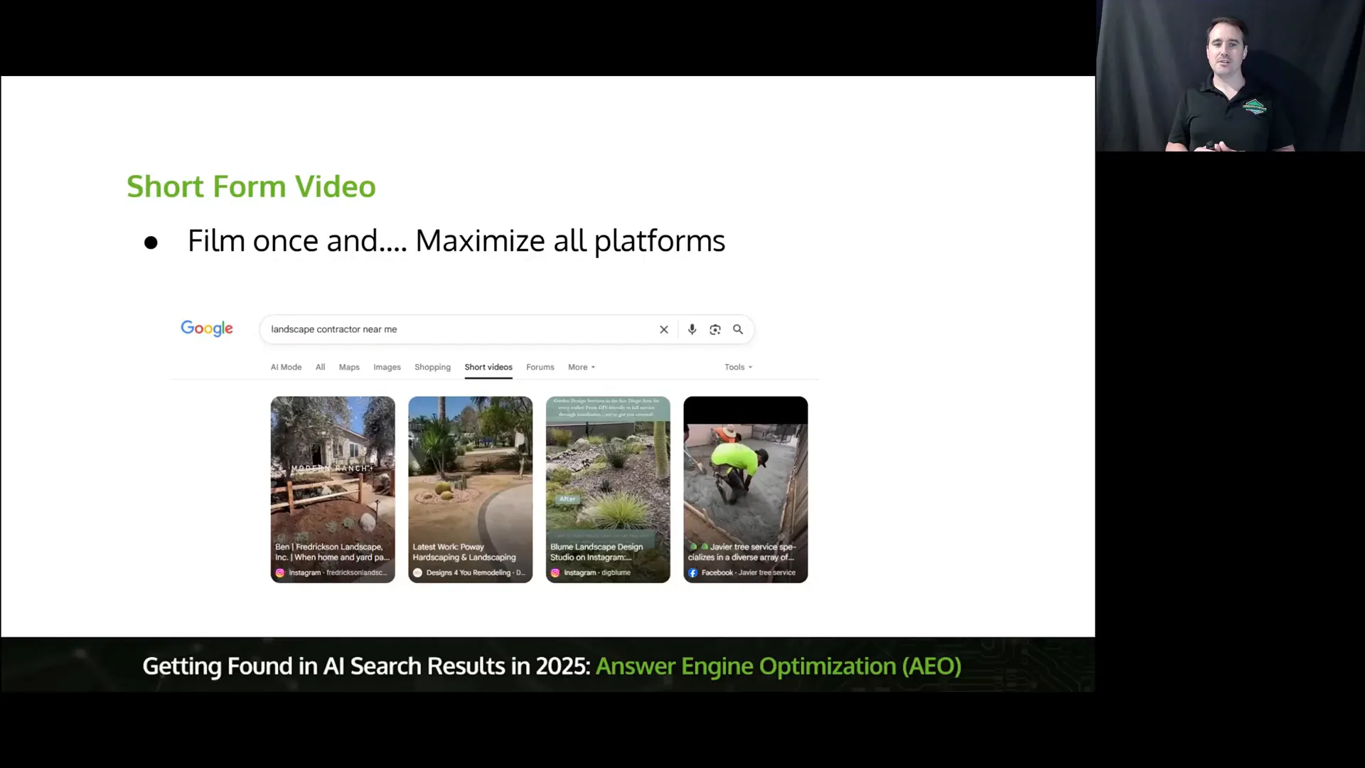 Search results displaying short videos from Instagram, Facebook, and websites