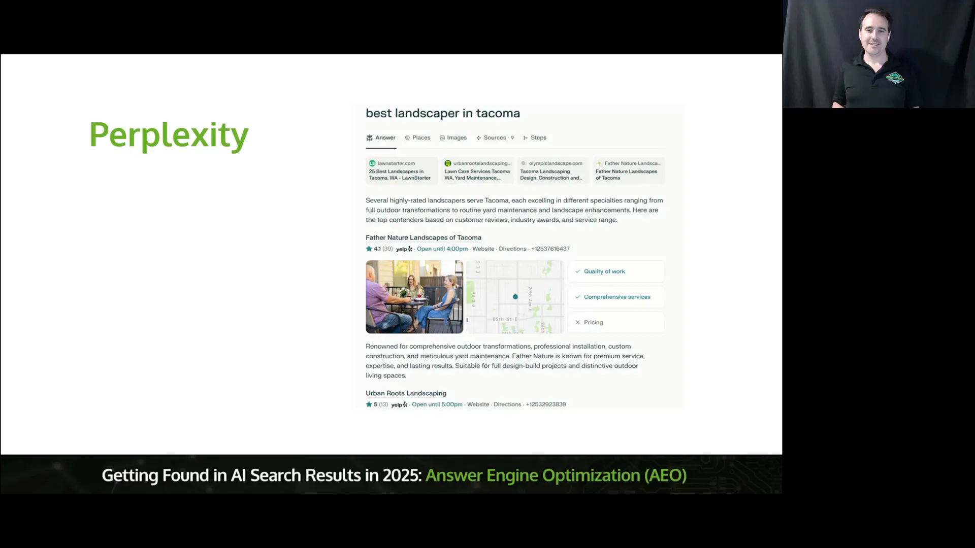 Landscape & Hardscape Contractor Marketing - Getting Found in AI Search Results in 2025: A Practical Guide to Landscape Marketing and Answer Engine Optimization 3 Perplexity showing referenced businesses with Yelp and Launch Data citations